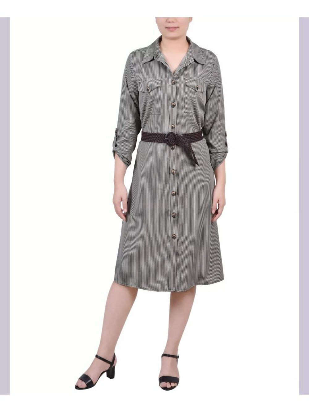 NY Collection Womens Petite 3/4 Roll Tab Sleeve Button Shirt Dress Size PM NWT